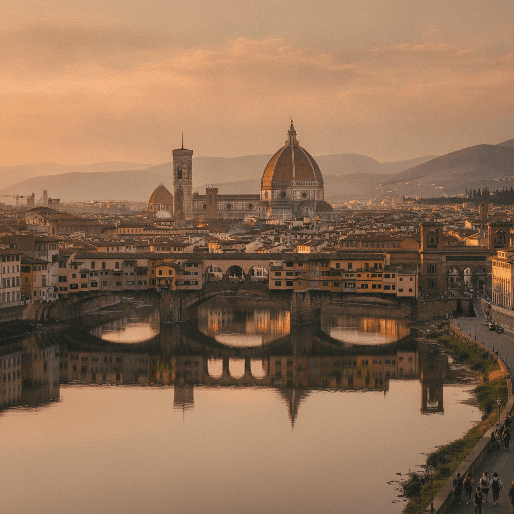 Panorama di Firenze con il Duomo e Ponte Vecchio al tramonto, atmosfera universitaria Erasmus