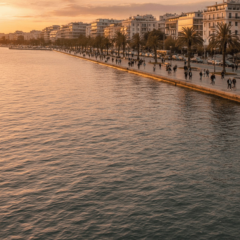 Lungomare di Glyfada ad Atene al tramonto, meta Erasmus con spiagge e università vicine