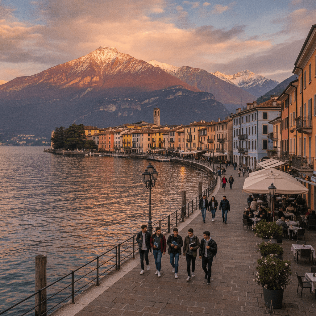 Panorama di Lecco sul lago di Como con le Alpi sullo sfondo, meta Erasmus ideale per studenti universitari