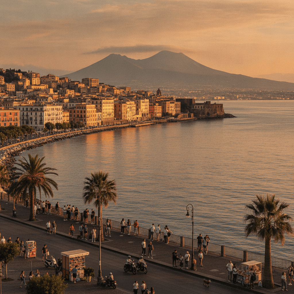 Panorama di Napoli con il Vesuvio sullo sfondo e studenti Erasmus sul lungomare al tramonto