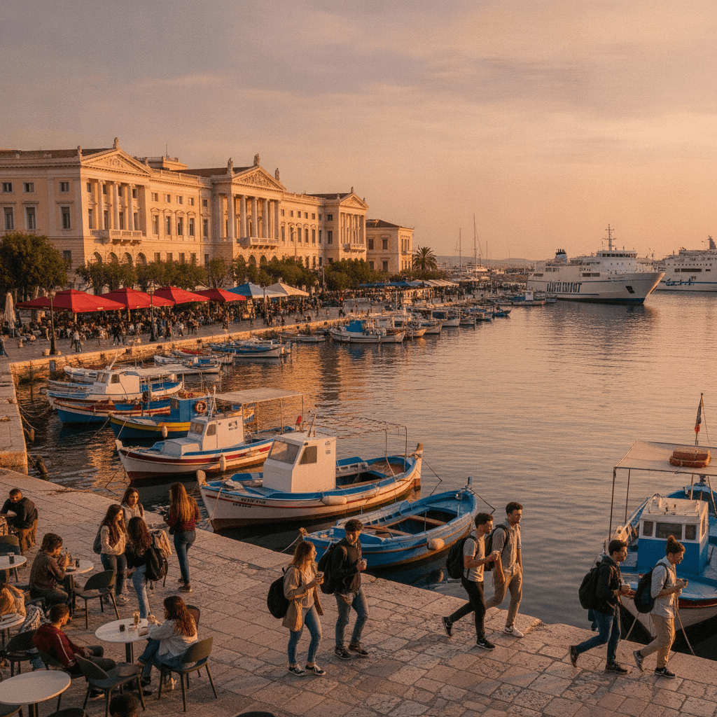 Veduta del porto di Pireo con studenti Erasmus sul lungomare al tramonto, Grecia