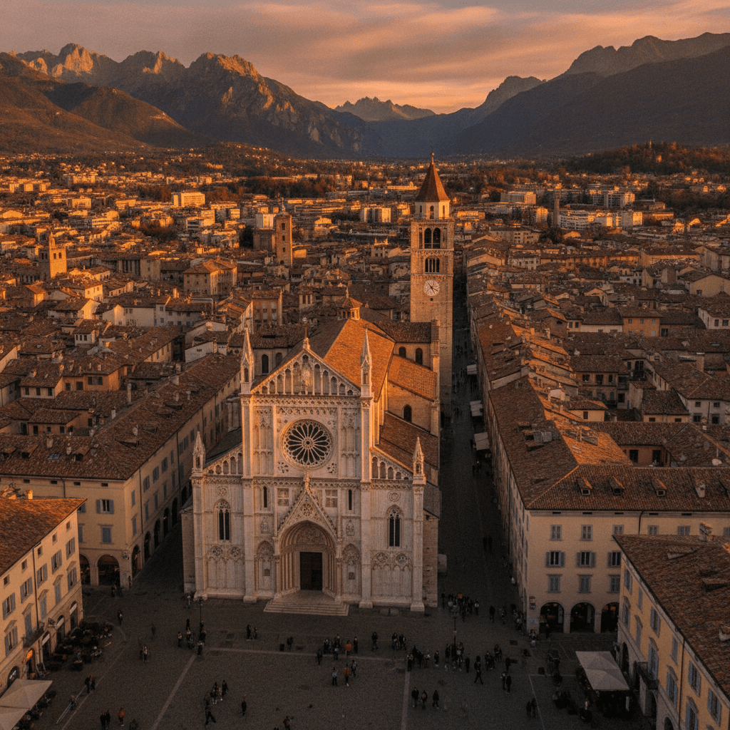 Panorama di Trento con Piazza Duomo e le Dolomiti sullo sfondo, città universitaria Erasmus in Trentino
